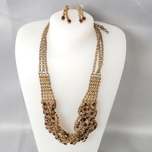 Statement Rhinestone Bib Necklace Earring Set Gold‎ Amber Cognac Mesh